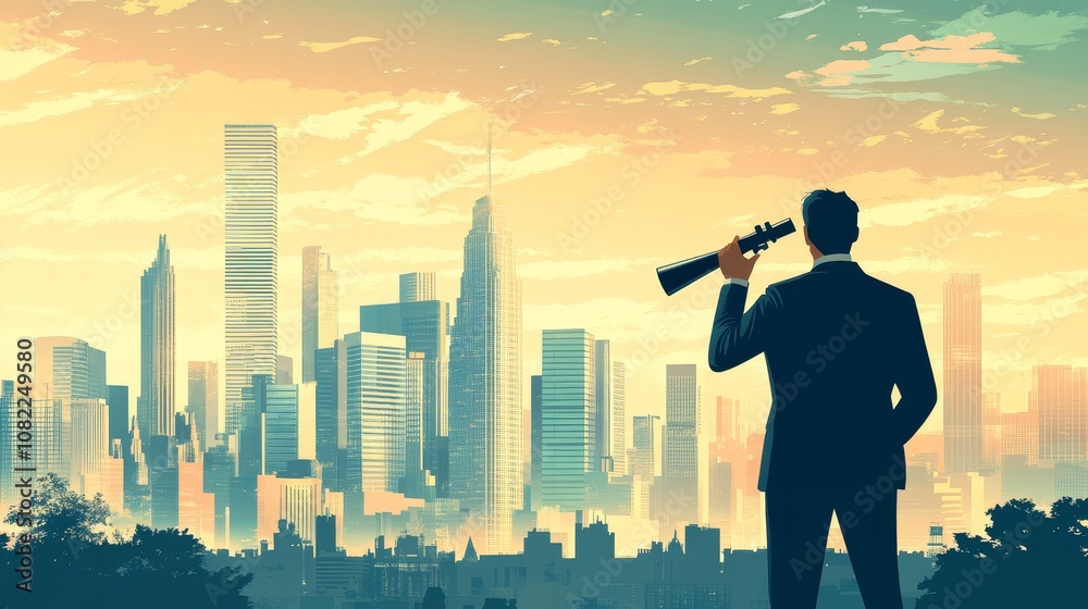 An outline of a businessman holding a telescope, looking out at a city skyline. The image represents the concept of a leader looking into the future, with room for text overlay. An outline of a businessman holding a telescope, looking out at a city skyline. The image represents the concept of a leader looking into the future, with room for text overlay.