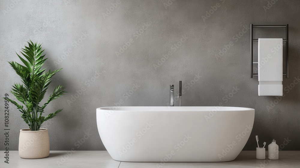A modern bathroom featuring a sleek white bathtub, minimalist decor, and a vibrant green plant, all set against a neutral gray wall. A modern bathroom featuring a sleek white bathtub, minimalist decor, and a vibrant green plant, all set against a neutral gray wall.