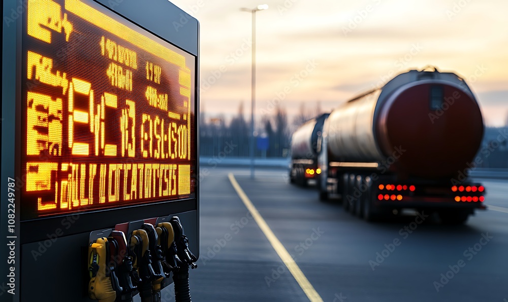 Naklejka premium A fuel pump display with a tanker truck in the background during sunset.