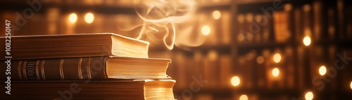 A stack of books with steam rising, illuminated by warm library lights, creating a cozy vibe.