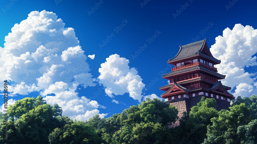 A picturesque red-roofed tower is surrounded by lush trees and vibrant clouds. A picturesque red-roofed tower is surrounded by lush trees and vibrant clouds.