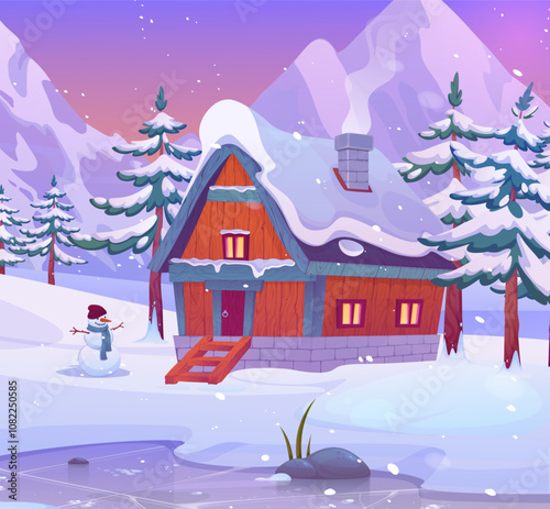 Nature winter landscape. Cold season scenery. Snowy trees. Pine forest. Wooden house. Frozen ice lake and snowman. Wild mountains. Christmas panorama. Home chimney smoke. Rock peaks. Vector background