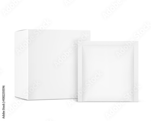 Realistic white closed paperboard box with sachet mockups. Vector illustration isolated on white background. Taking your 2D designs into 3D. Can be use for medicine, food, cosmetic and other. EPS10.