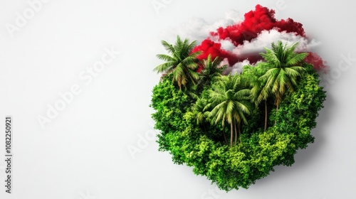 Tropical Island Paradise with Red and White Clouds