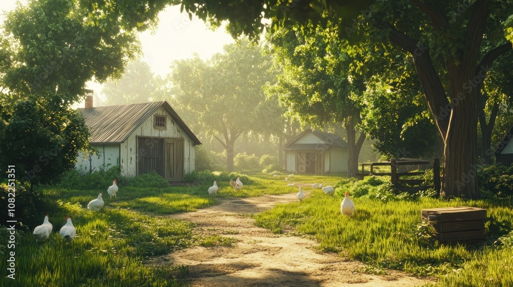 A serene countryside scene with a dirt path, farmhouses, trees, and geese. A serene countryside scene with a dirt path, farmhouses, trees, and geese.