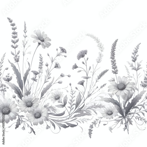 elegant border design showcasing dainty wildflowers, like daisies and lavender, with gently curling stems and small leaves vector