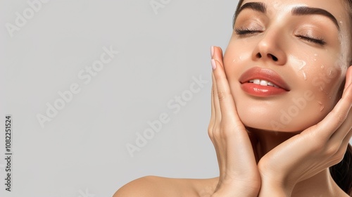 Wallpaper Mural skin care. Beautiful woman touching healthy facial skin portrait. Beautiful smiling Asian girl model with natural makeup, close-up on blue background, touching glowing hydrated skin Torontodigital.ca