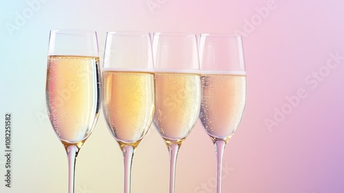 Elegant new year celebration background featuring champagne glasses and bubbly drink on soft pastel backdrop, perfect for festive holiday themes and new year party designs photo