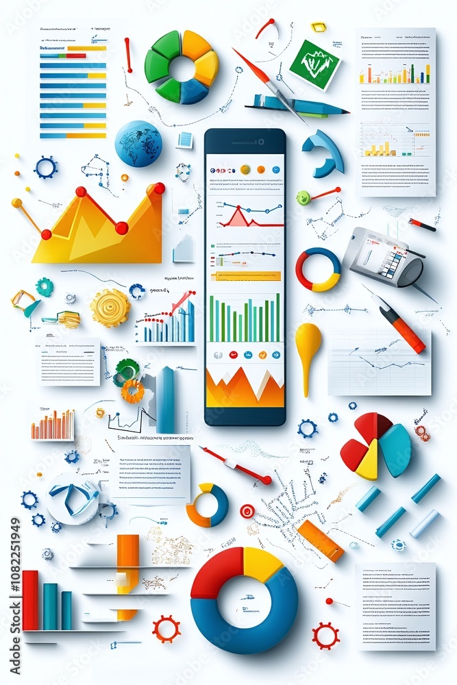 Flat Lay of Business Charts and Data Analysis on a White Background. Flat Lay of Business Charts and Data Analysis on a White Background.