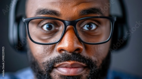 Close-up of a Man Wearing Glasses and Headphones, Looking Surprised