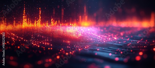 Abstract background with glowing red and orange particles.