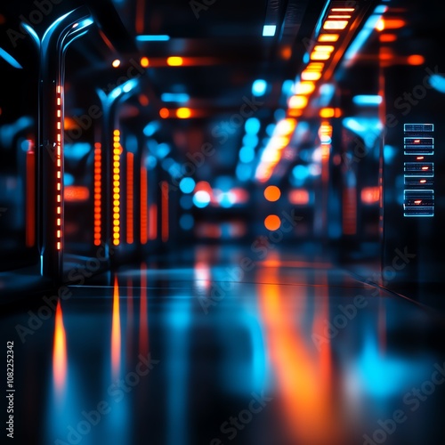 Futuristic corridor with glowing lights in blue and orange hues, showcasing modern design.