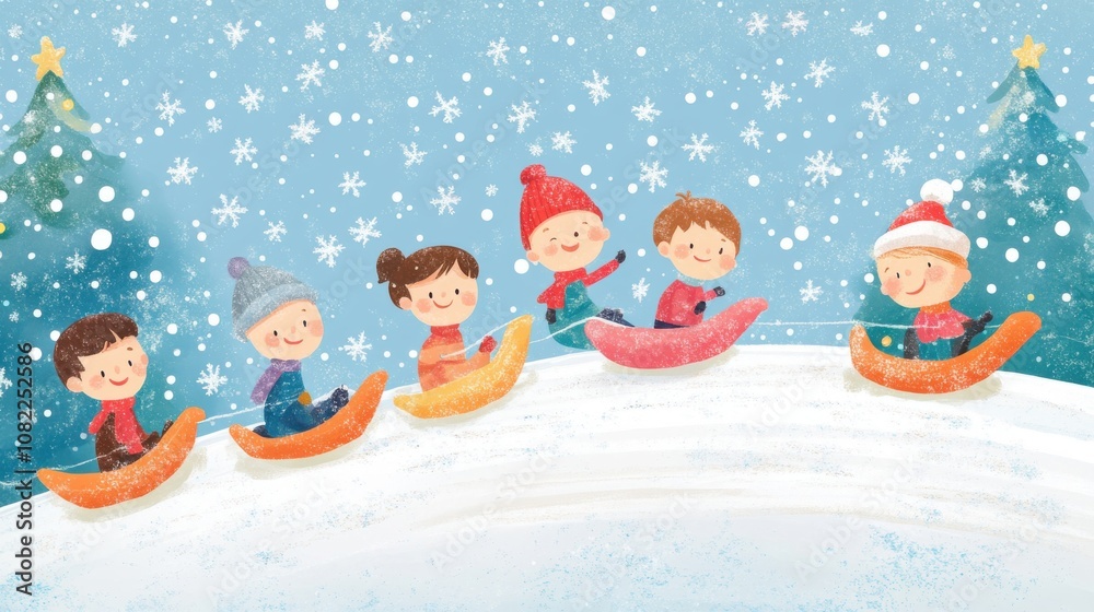 Joyful Children Sledding on a Snowy Christmas Day Joyful Children Sledding on a Snowy Christmas Day