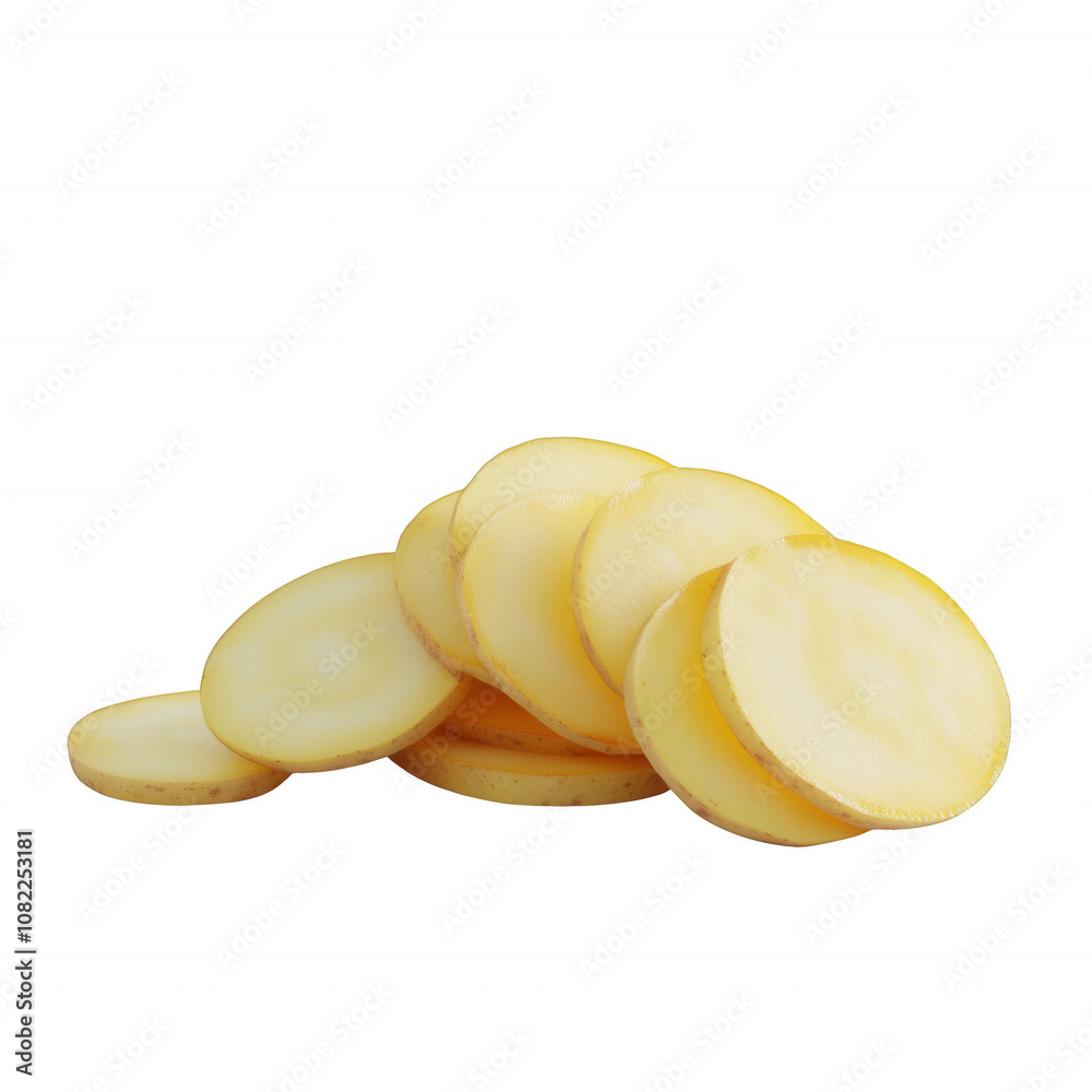 Fresh yellow potato slices arranged neatly on a white background., isolated on a transparent background. Fresh yellow potato slices arranged neatly on a white background., isolated on a transparent background.