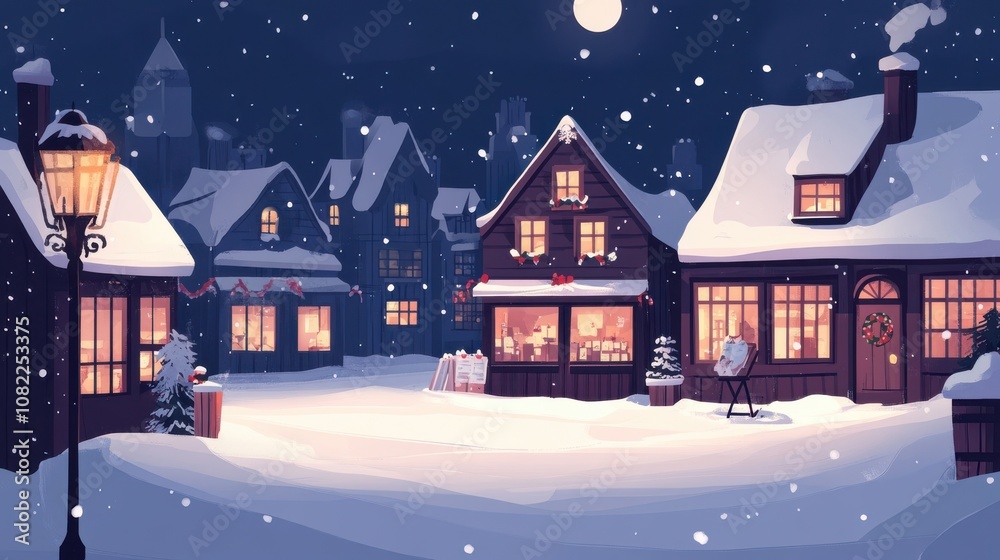 Fototapeta premium Cozy Snowy Christmas Village Market at Night
