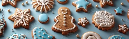 Many cookies that are decorated with icing and decorations, christmas background, banner, food background photo