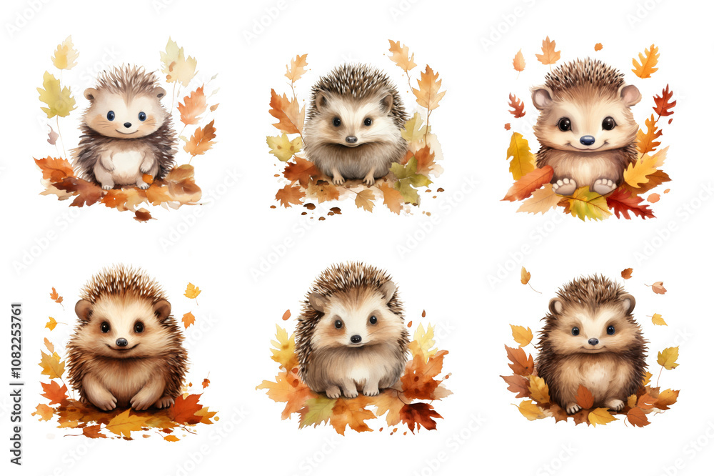 Fototapeta premium Adorable Hedgehog Watercolor Collection Bundle Set Isolated on a Transparent Background