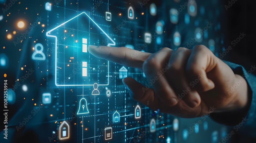 Fototapeta premium Virtual Home Icon Touch Interface Highlighting Innovative Real Estate Investment Opportunities in the Digital Era