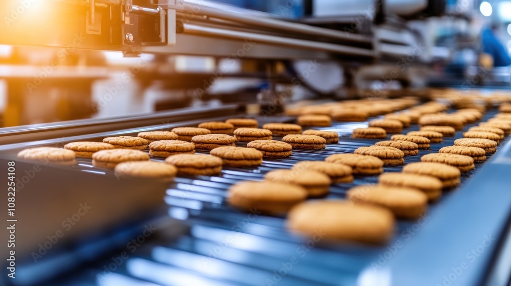 Cookies moving along a conveyor belt in a production facility. Cookies moving along a conveyor belt in a production facility.