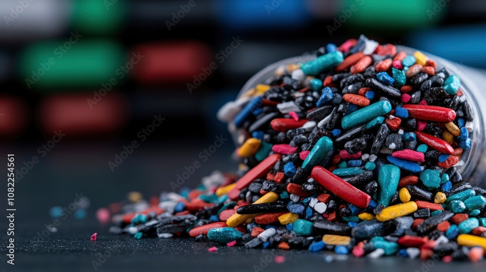 Fototapeta premium Colorful Sprinkles Spilling from Container on Black Background