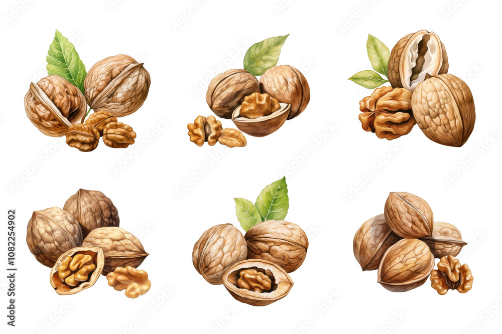 Walnuts Watercolor Collection Bundle Set Isolated on a Transparent Background Walnuts Watercolor Collection Bundle Set Isolated on a Transparent Background
