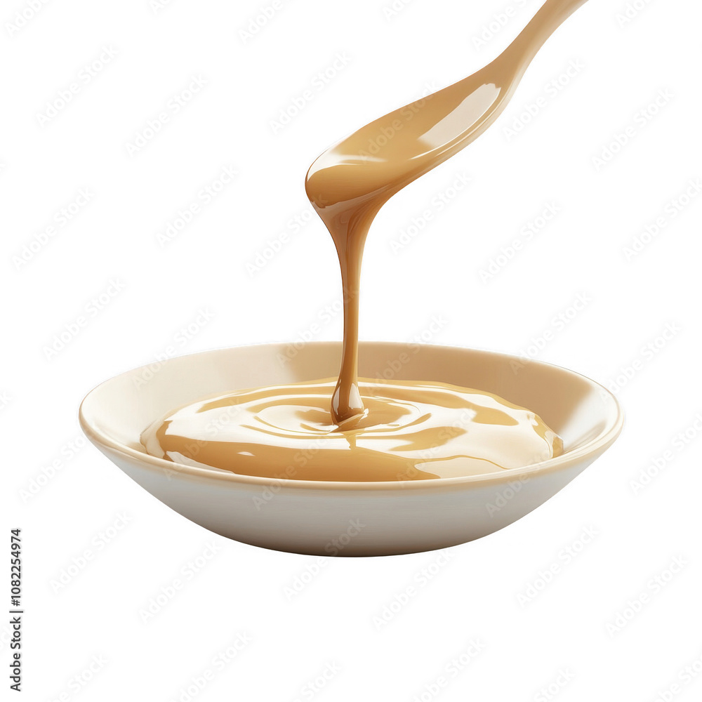 Rich and creamy sauce pouring elegantly into a white dish., isolated on a transparent background. Rich and creamy sauce pouring elegantly into a white dish., isolated on a transparent background.