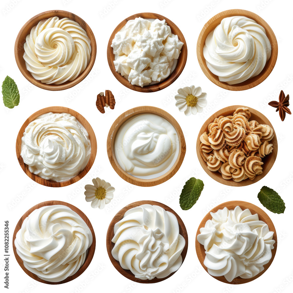 Fototapeta premium Creamy Blends, Wooden Bowls, Mint Leaves, Daisy Blooms, Star Anise, Biscuits, Nut Accents, Whipped Variations Isolated on white background or PNG