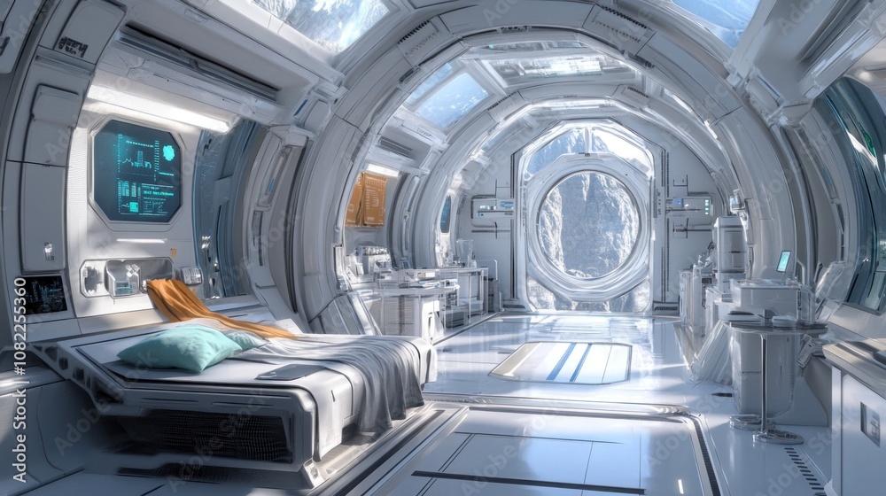 Fototapeta premium Futuristic interior of a space habitat with sleek design and advanced technology.