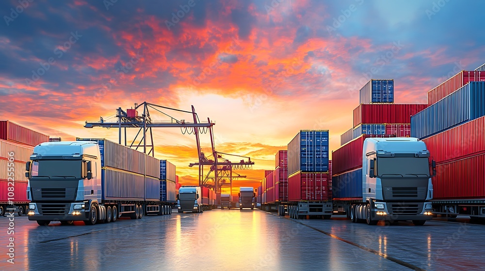 Trucks and shipping containers at a port during sunset, showcasing industrial activity. Trucks and shipping containers at a port during sunset, showcasing industrial activity.