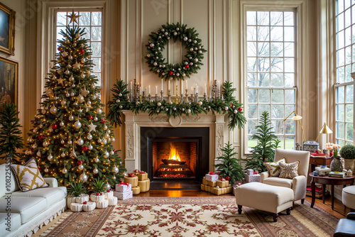 A living room decorated for Christmas with a fireplace and a Christmas tree photo