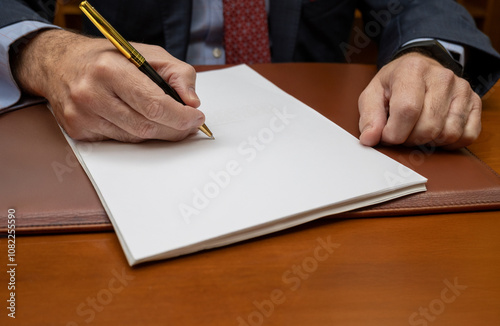 Hands of important man in classic office signing contract