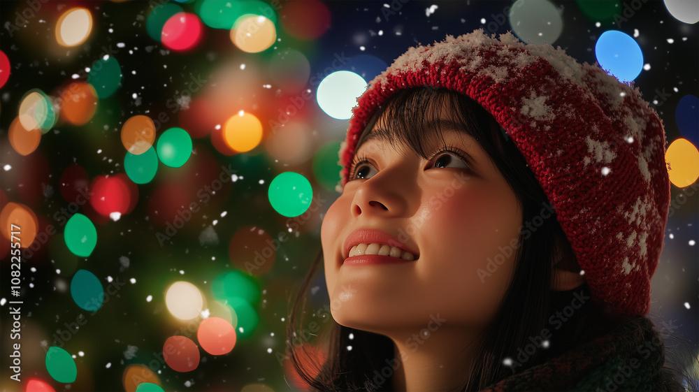 冬の夜、雪の中で見上げる日本人女性 冬の夜、雪の中で見上げる日本人女性