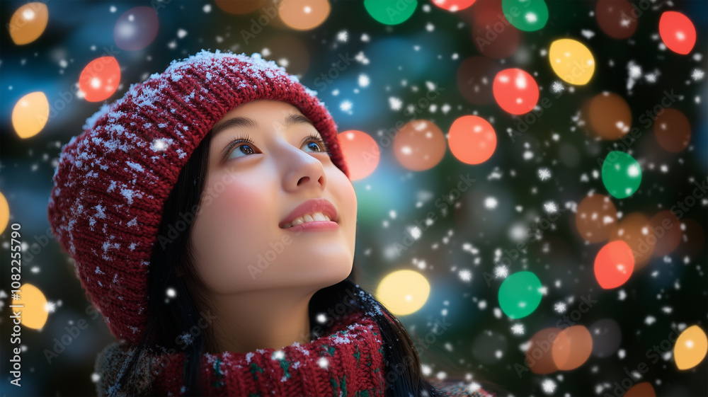 冬の夜、雪の中で見上げる日本人女性 冬の夜、雪の中で見上げる日本人女性