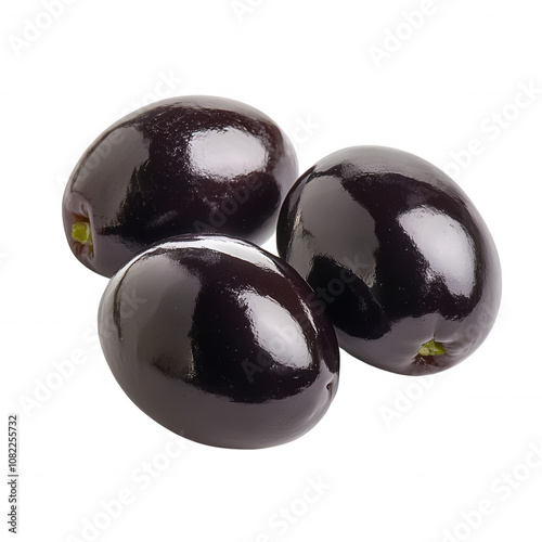 Three glossy black olives arranged elegantly on a white background., isolated on a transparent background. photo