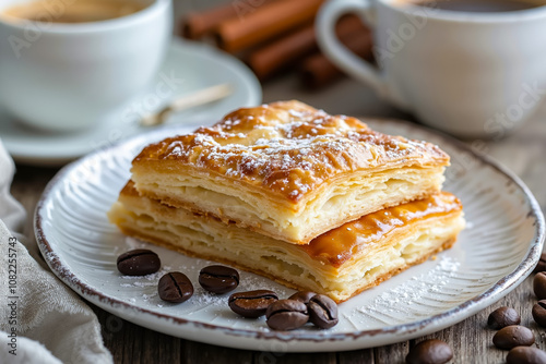 A stack of pastries on a plate with coffee beans and a cup of coffee