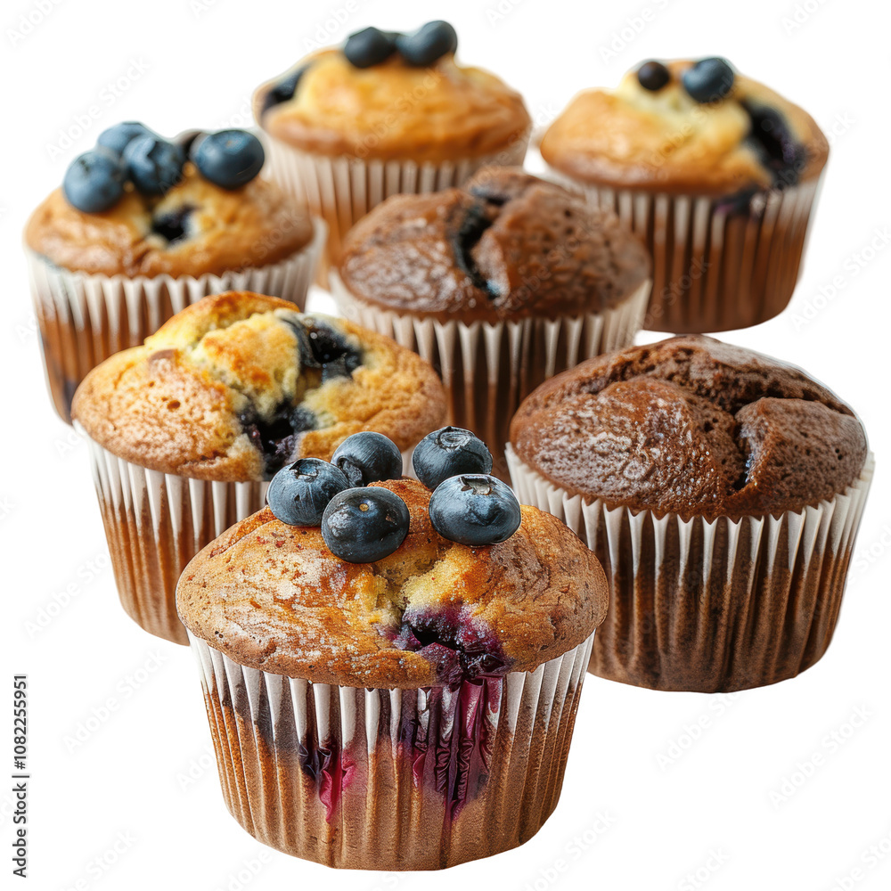 Blueberry and chocolate muffins freshly baked, adorned with juicy blueberries, arranged in a tempting display. Isolated on white background or PNG Blueberry and chocolate muffins freshly baked, adorned with juicy blueberries, arranged in a tempting display. Isolated on white background or PNG