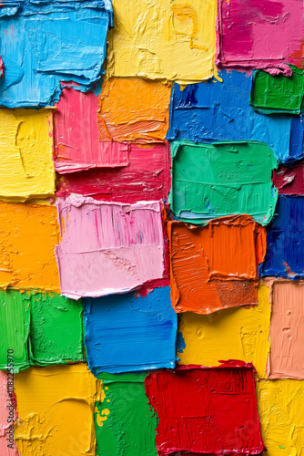 A close up of a colorful painting on a wall