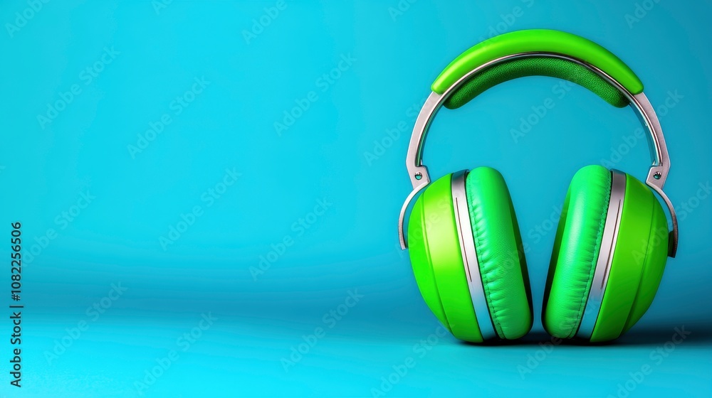 Green Headphones on Blue Background Green Headphones on Blue Background
