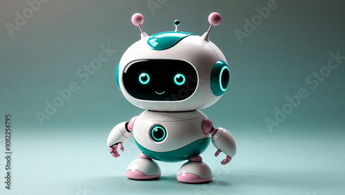 Playful Turquoise Robot With Antennae On Mint Green Background