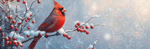 Red cardinal bird on a frosty tree branch with snow red berries in winter, Holiday and Christmas web banner with copy space