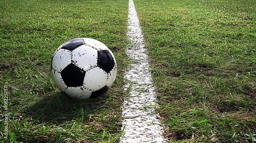 A classic black and white soccer ball sits on a grassy field with a white line running through the center.