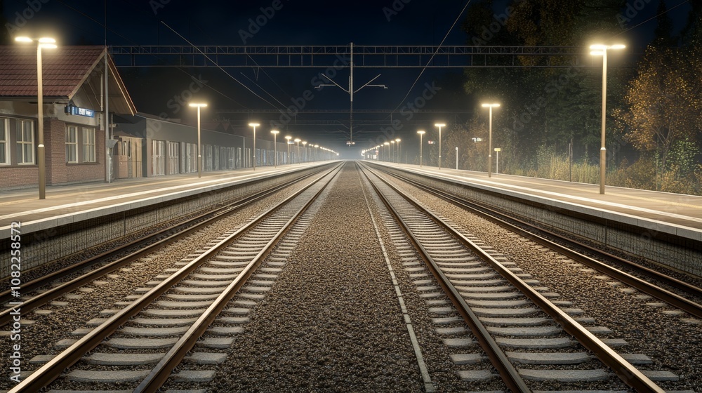 Obraz premium Night view of a railway station lit by dim lamps, with long shadows and atmospheric light reflecting off the tracks, Photorealistic