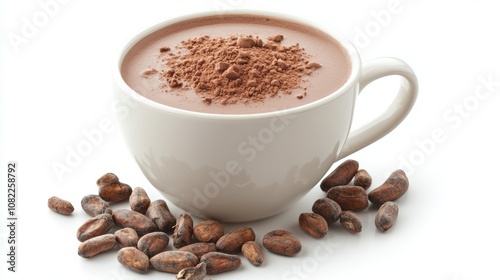 A cup of cocoa made with cocoa powder and beans, shown against a white background.