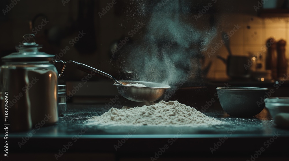 A dark countertop holds flour being sifted for baking pastries. The scene highlights kitchen tools and a cozy home setting. A dark countertop holds flour being sifted for baking pastries. The scene highlights kitchen tools and a cozy home setting.