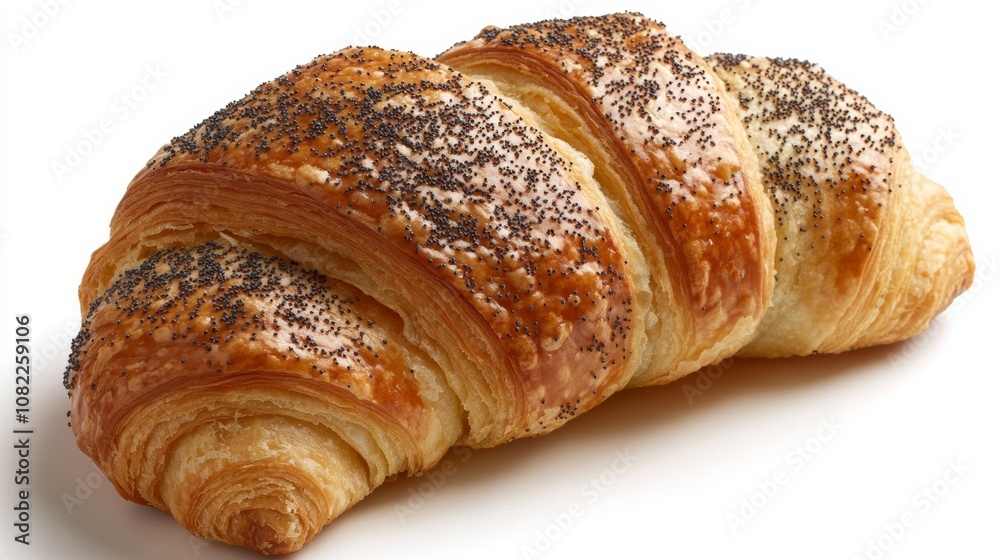 A delicious croissant sprinkled with poppy seeds.