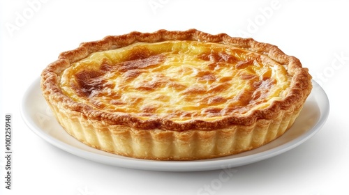 A delicious egg tart, a classic Portuguese treat, sits on a plate against a white background.