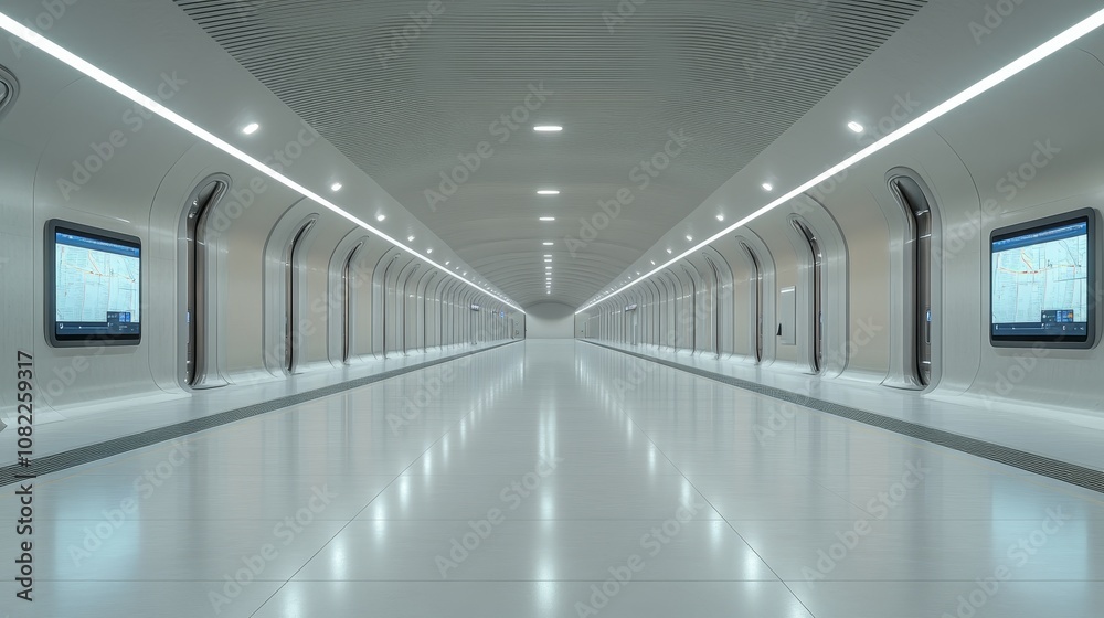 Fototapeta premium High-speed train station of the future, featuring digital displays, holographic maps, and a smooth minimalist design illuminated by ambient lighting, Photorealistic