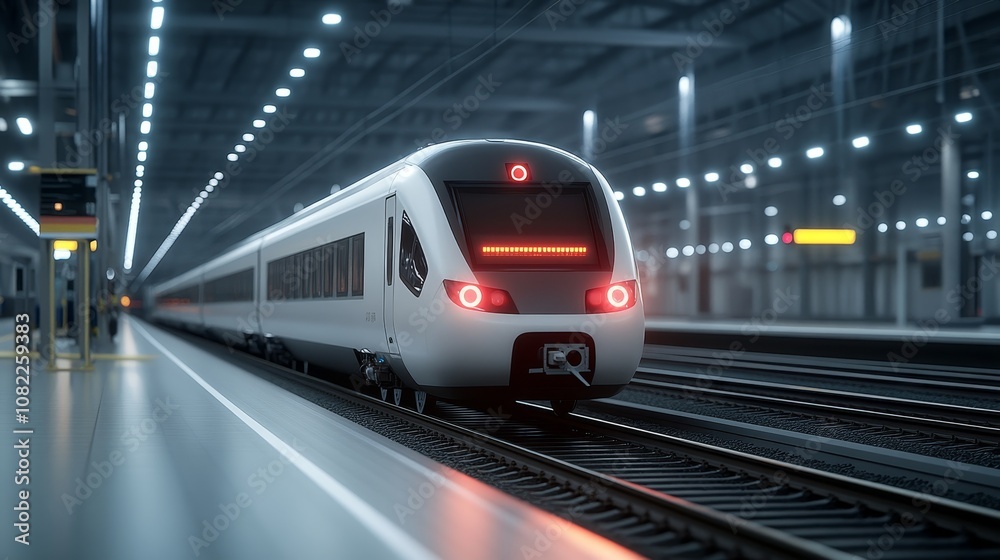 Fototapeta premium High-speed train showcasing an advanced collision-avoidance system with built-in sensors glowing red during testing, Photorealistic