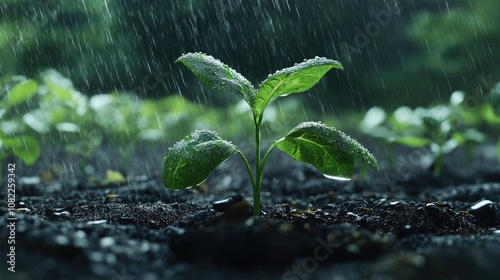 A vibrant green seedling with droplets of water, thriving under gentle rain in a lush garden setting.