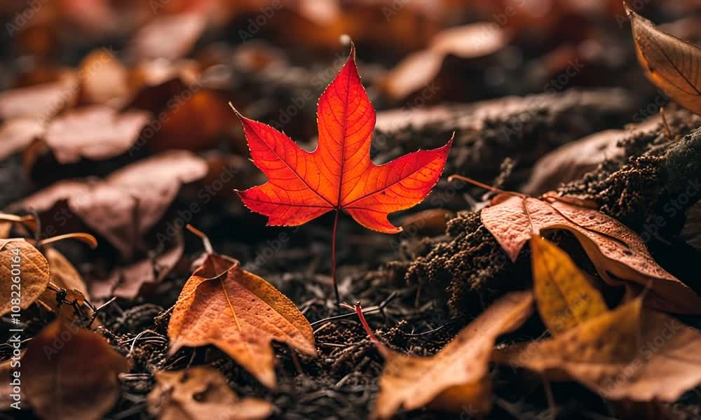 A single vibrant red maple leaf stands out amongst a bed of fallen autumn leaves. (1) A single vibrant red maple leaf stands out amongst a bed of fallen autumn leaves. (1)